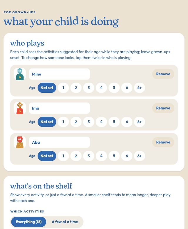 The grown-ups page: who plays, with each child's age, and what's on the shelf