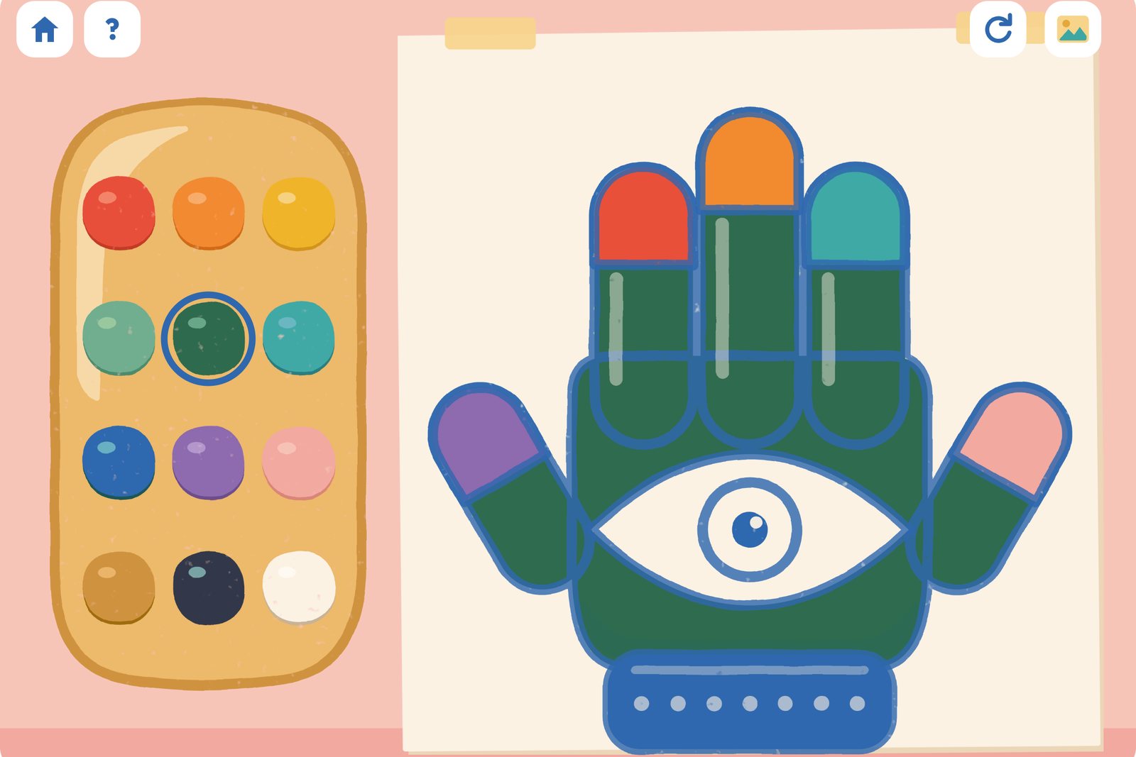 Color it in on a phone: a hamsa being colored from a palette